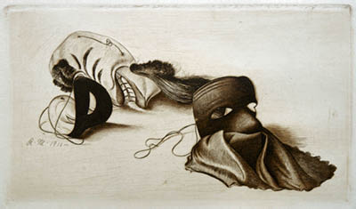 Richard Müller (1874-1954),zwei abgelegte Faschingsmasken perfekt auf die Druckplatte
komponiert,two old Fasching-masks brought to paper in perfection